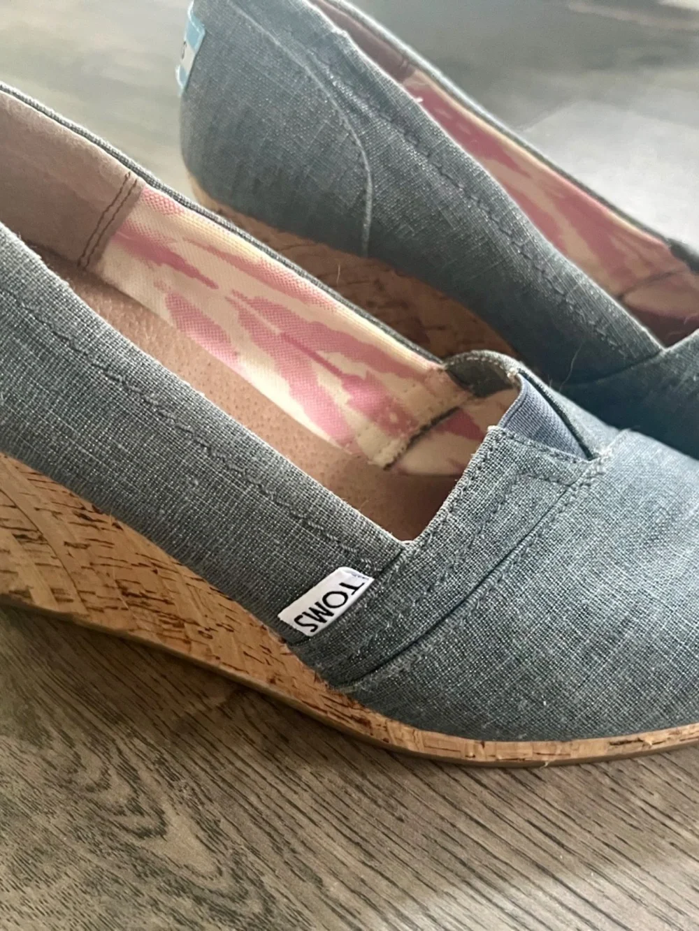 Tom’s wedge heels in denim with silver metallic fleck Size 7